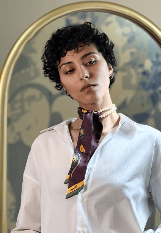 Aubergine Silk Twilly — Symbolic Sun & Bird Motifs