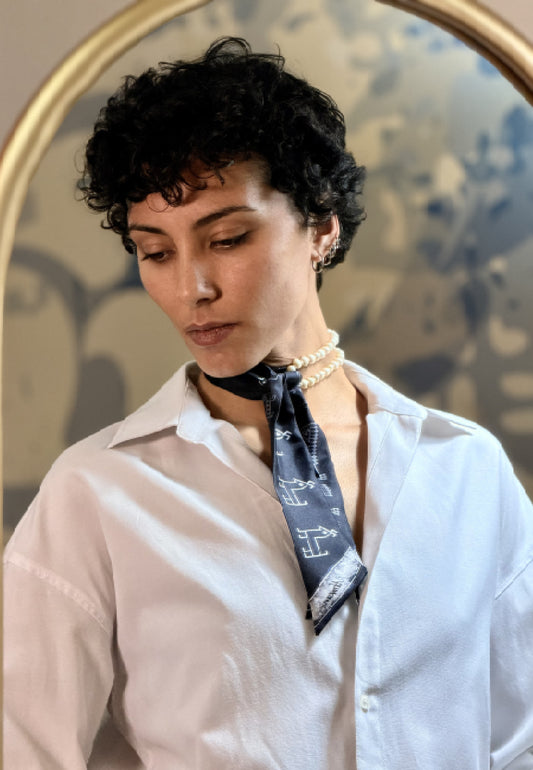 Black & White Silk Twilly – Symbolic Motifs