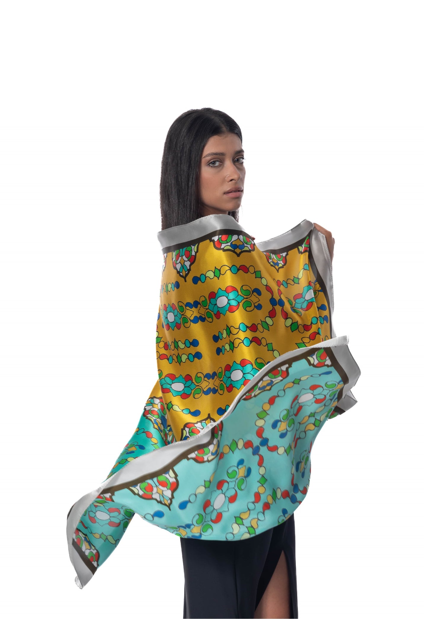 OROSI-Silk scarf - Multicolor Turquoise Gold - AFROZAN FASHION HOUSE