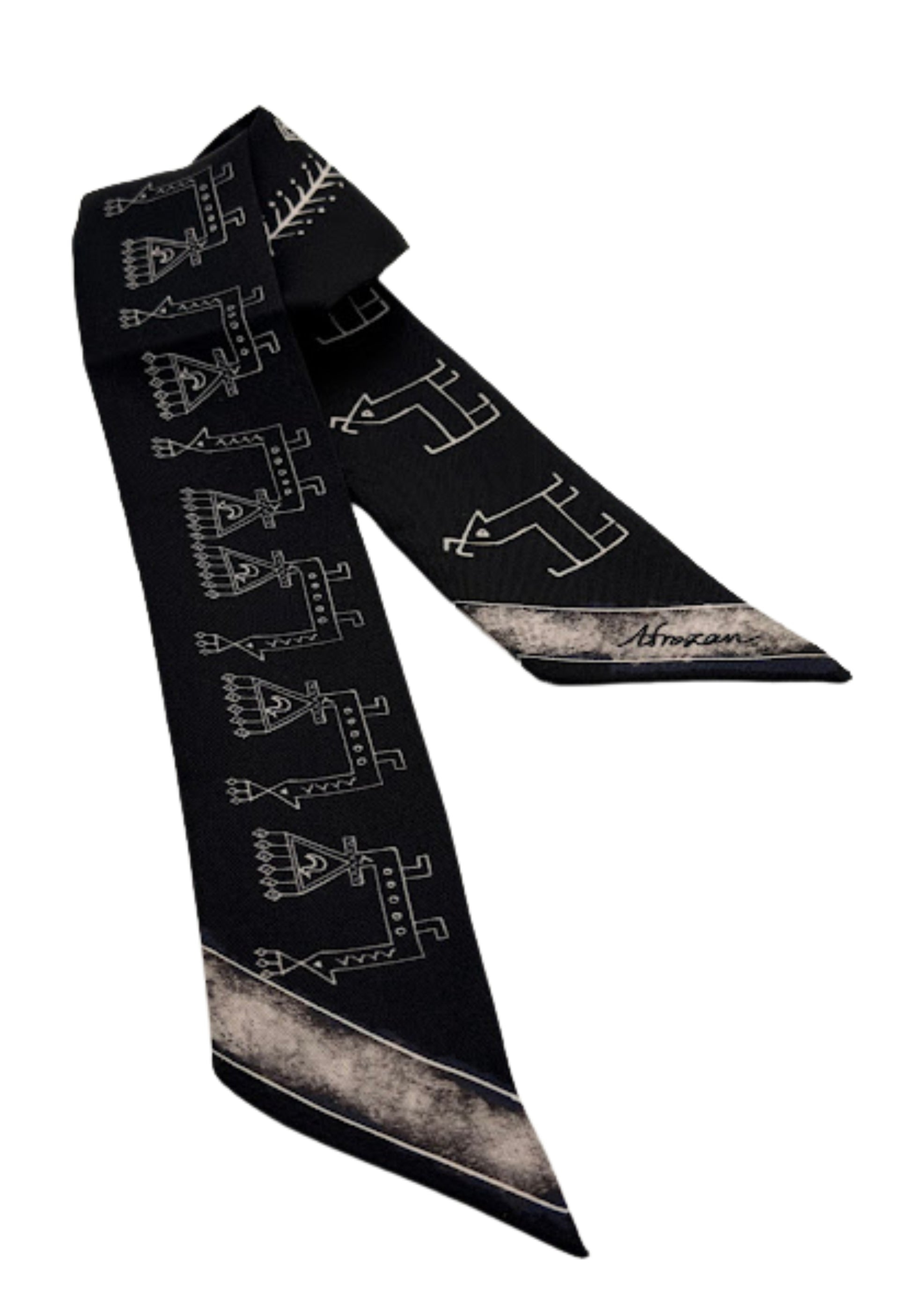 Black scarf with white patterns on a white background