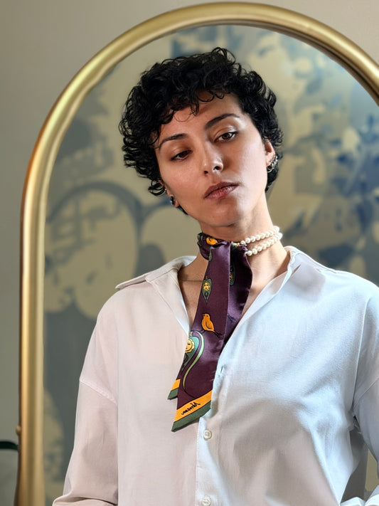 Aubergine 100% Silk Twilly  5x85Cm — Symbolic Sun & Bird Motifs | Made In Italy