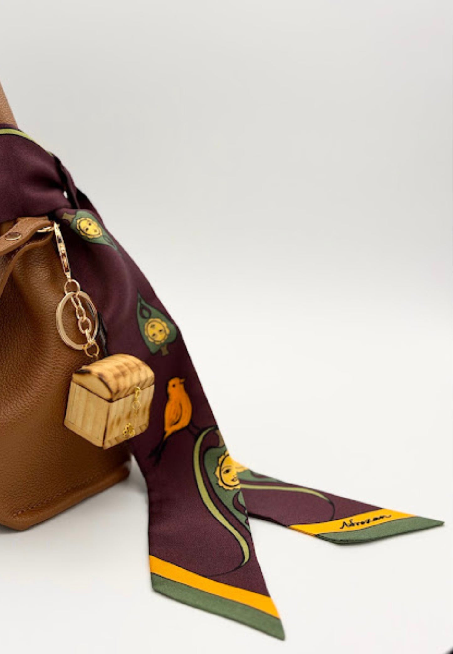 Aubergine Silk Twilly — Symbolic Sun & Bird Motifs