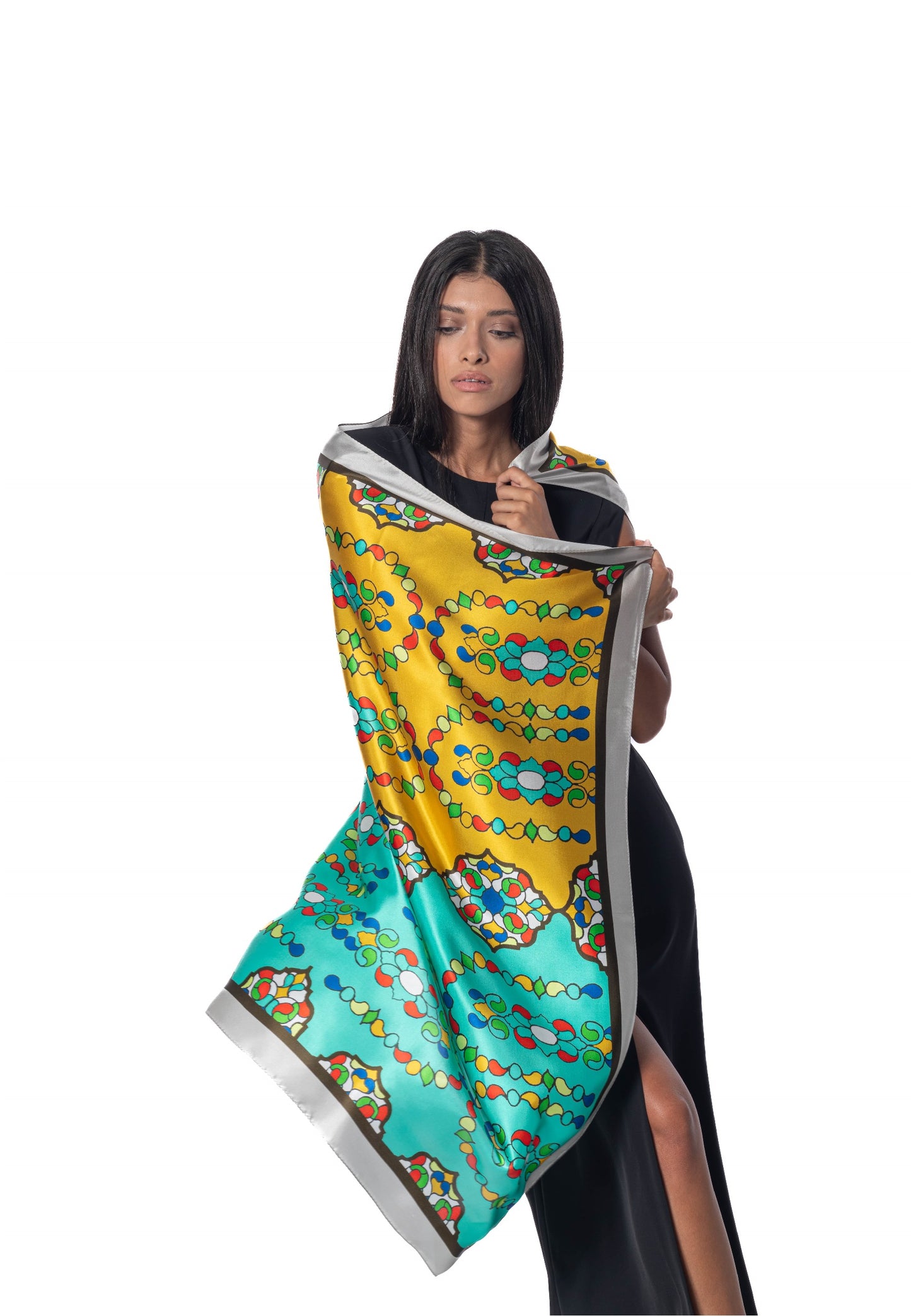 OROSI-Silk scarf - Multicolor Turquoise Gold