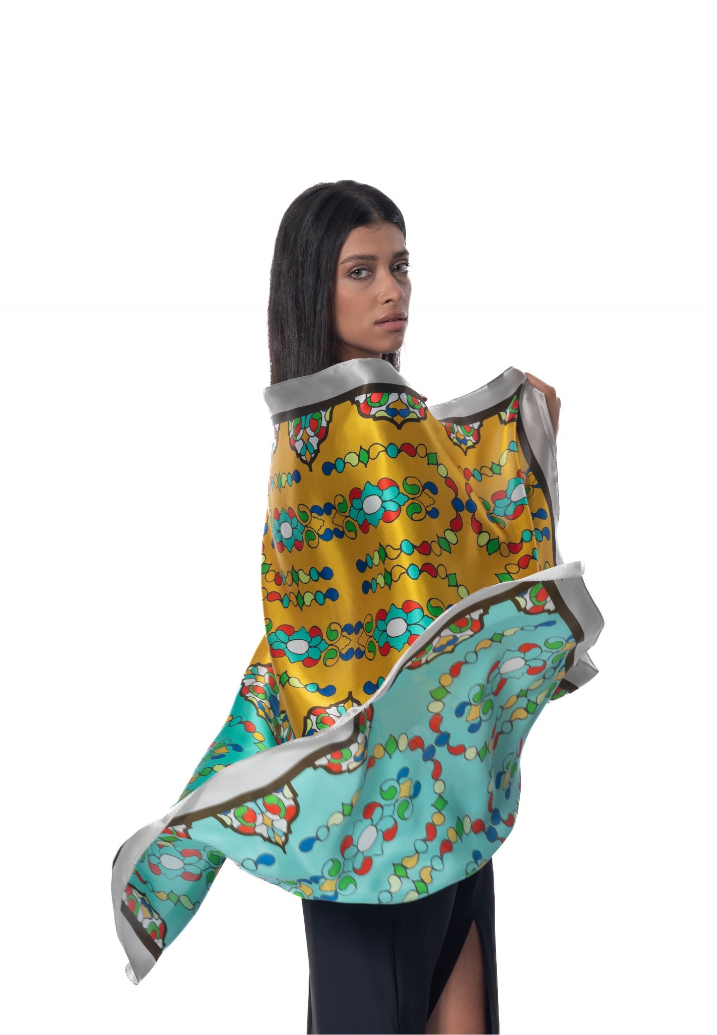 OROSI-Silk scarf - Multicolor Turquoise Gold