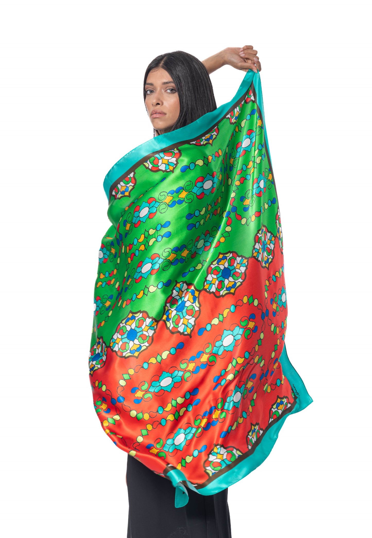 OROSI-Silk scarf - Multicolor Turquoise Gold
