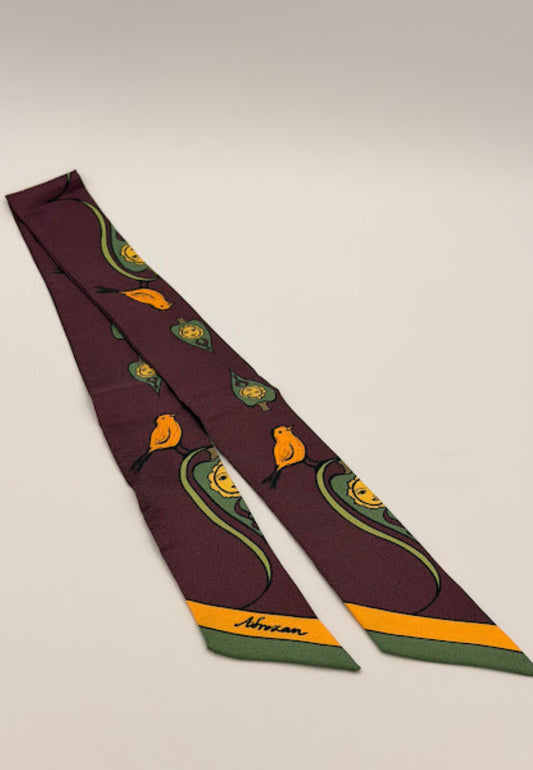 Aubergine Silk Twilly — Symbolic Sun & Bird Motifs