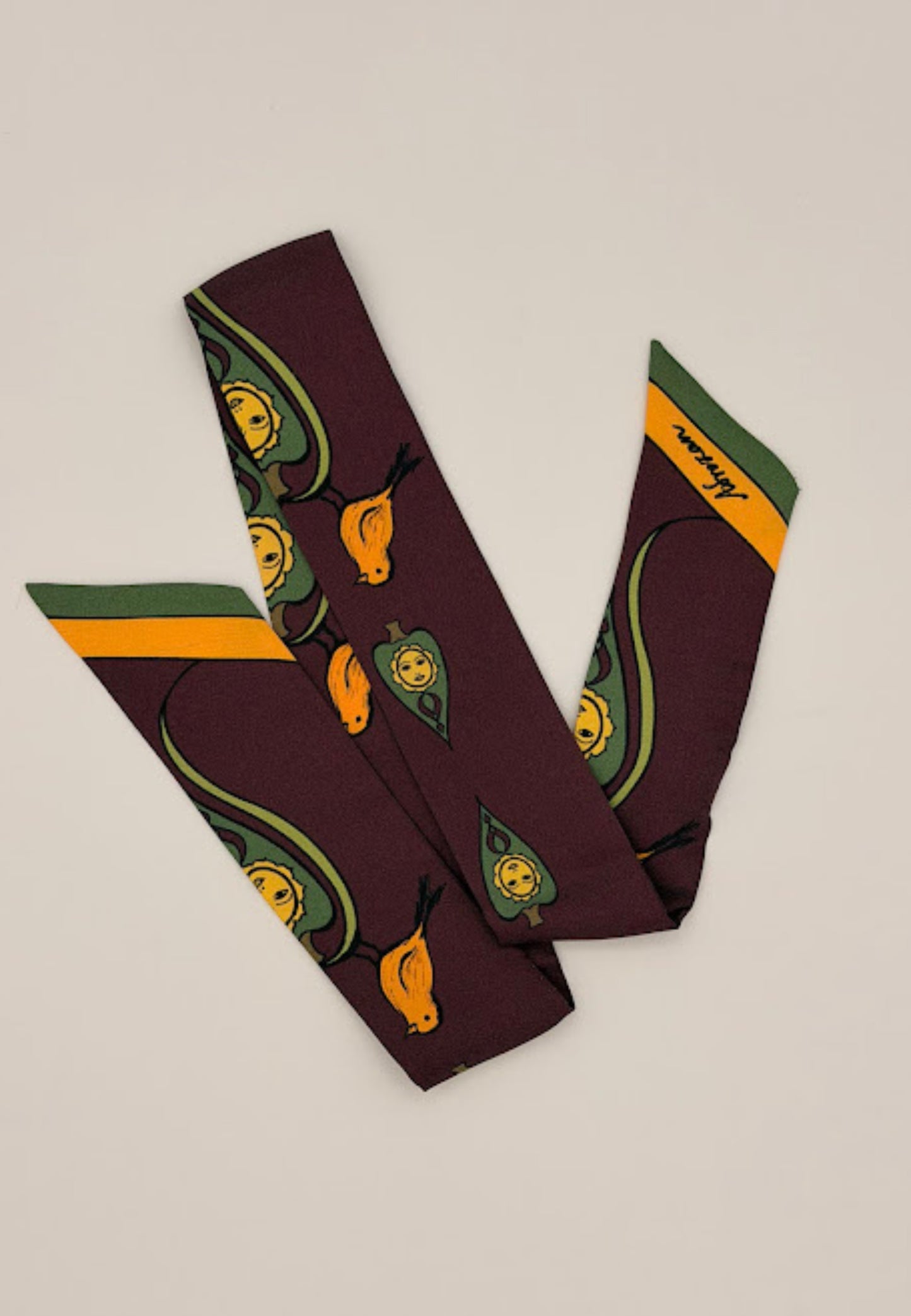 Aubergine Silk Twilly — Symbolic Sun & Bird Motifs