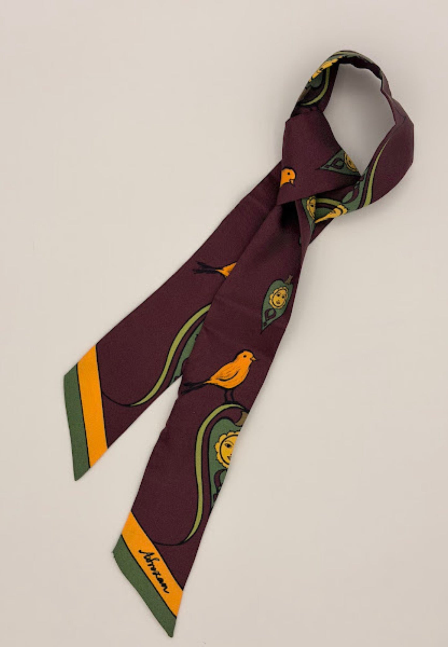 Aubergine Silk Twilly — Symbolic Sun & Bird Motifs