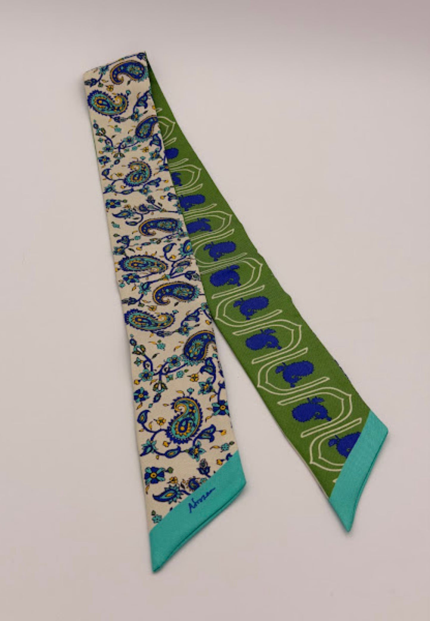 Boteh Motif Silk Twilly – Blue & Green Harmony