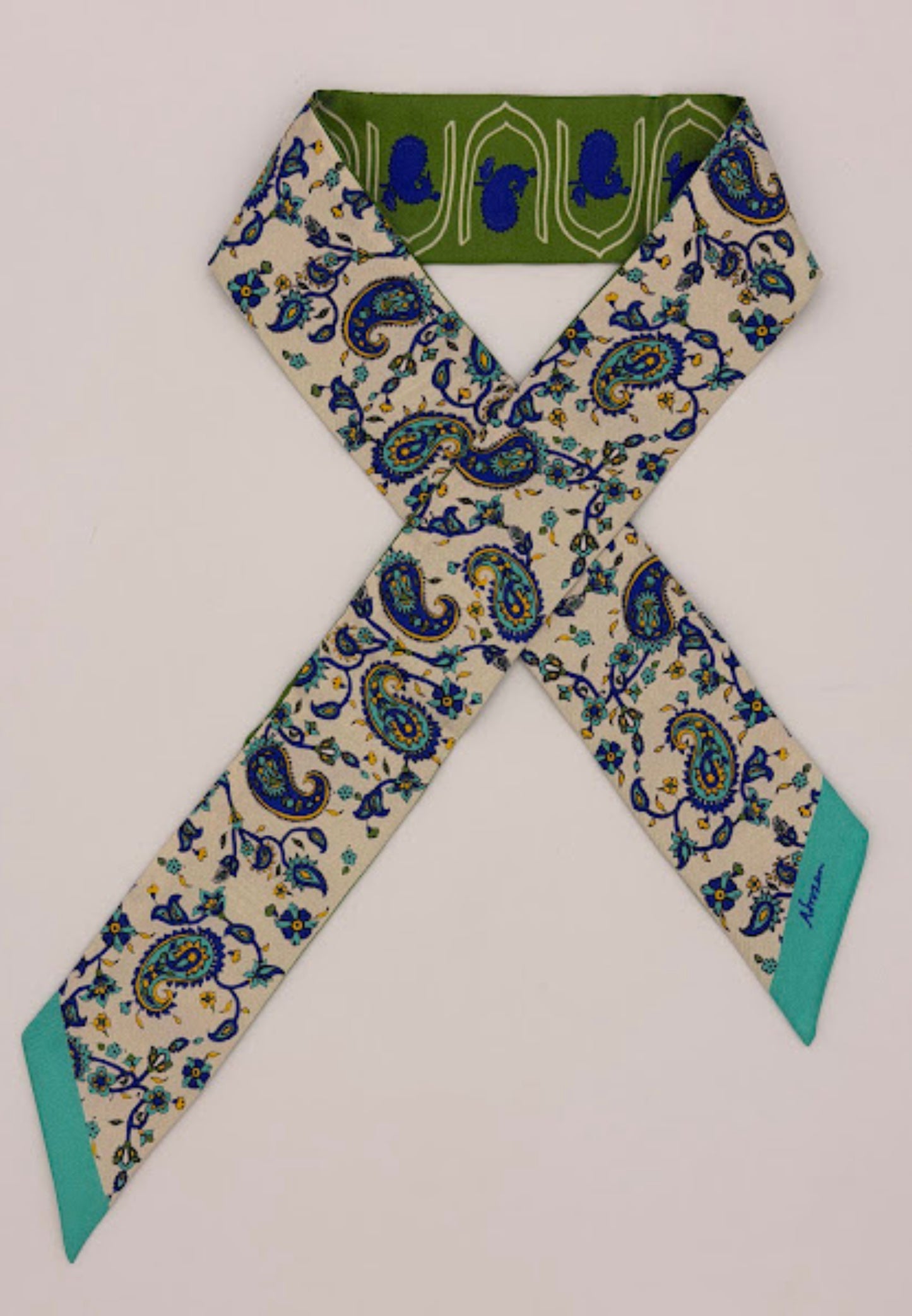 Boteh Motif Silk Twilly – Blue & Green Harmony